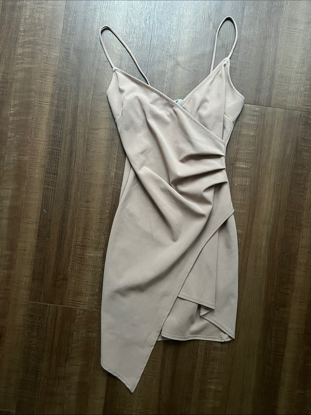 Blue Blush Asymmetrical Spaghetti Strap Dress in Nude